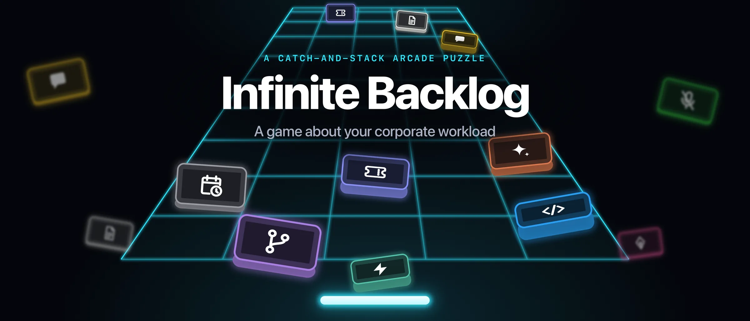 Infinite Backlog: work tiles ride a neon grid toward the catcher
