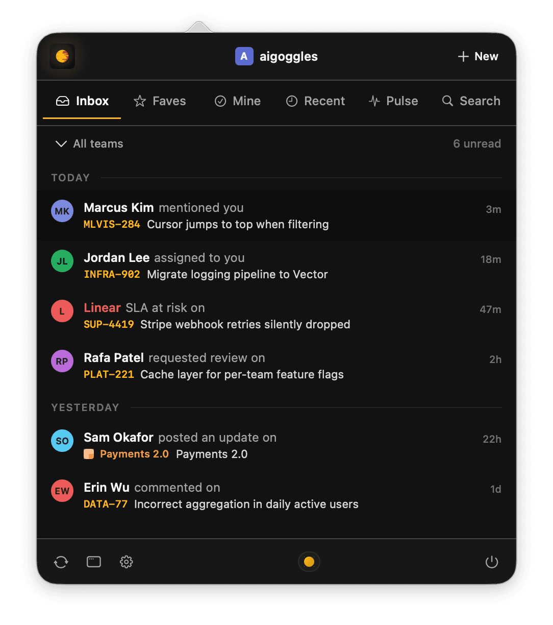 Linear inbox in the menu bar