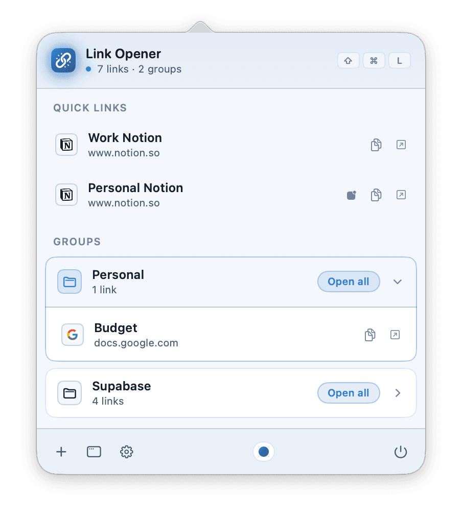 Link Opener popover