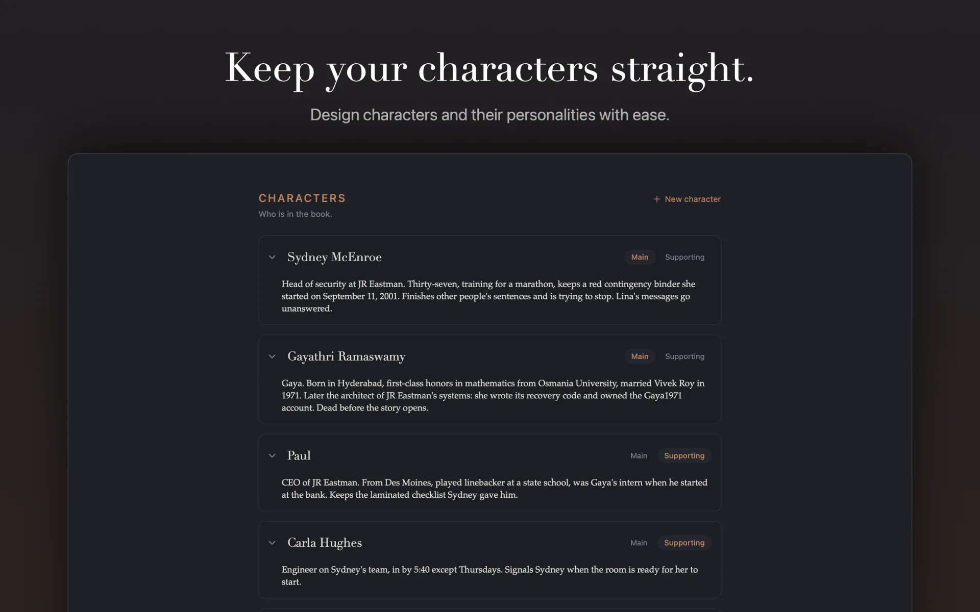 Characters tab